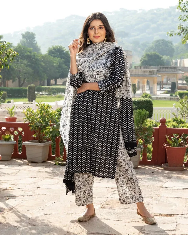 Womens Black Cotton Printed Kurta and Pant Set with Dupatta