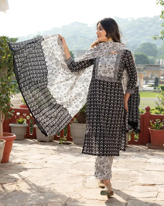 Womens Black Cotton Printed Kurta and Pant Set with Dupatta