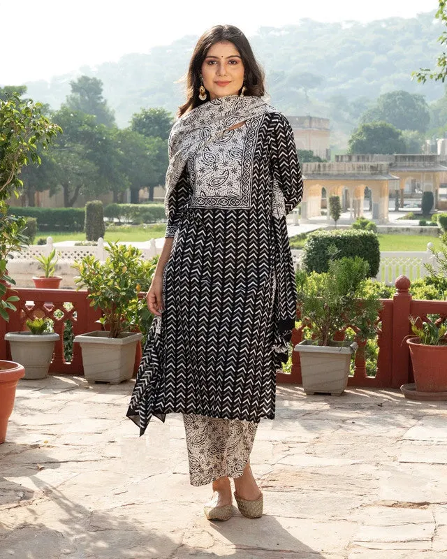 Womens Black Cotton Printed Kurta and Pant Set with Dupatta