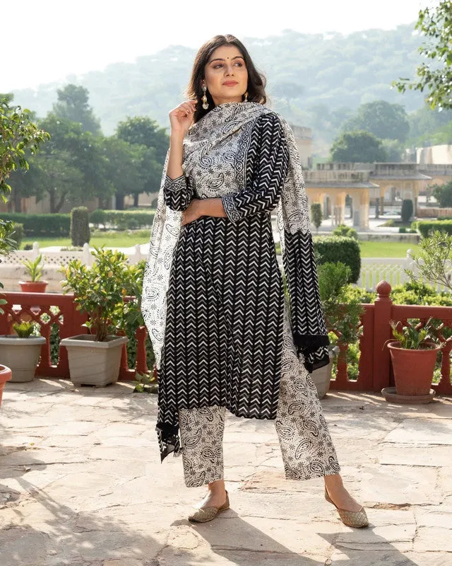 Womens Black Cotton Printed Kurta and Pant Set with Dupatta