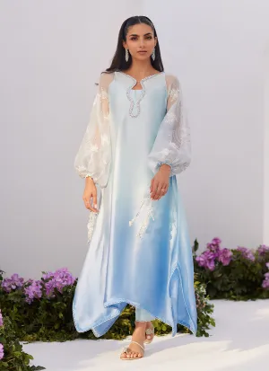 Zaza '24 - Bow Ombre Blue Embellished Kaftan Cut Shirt