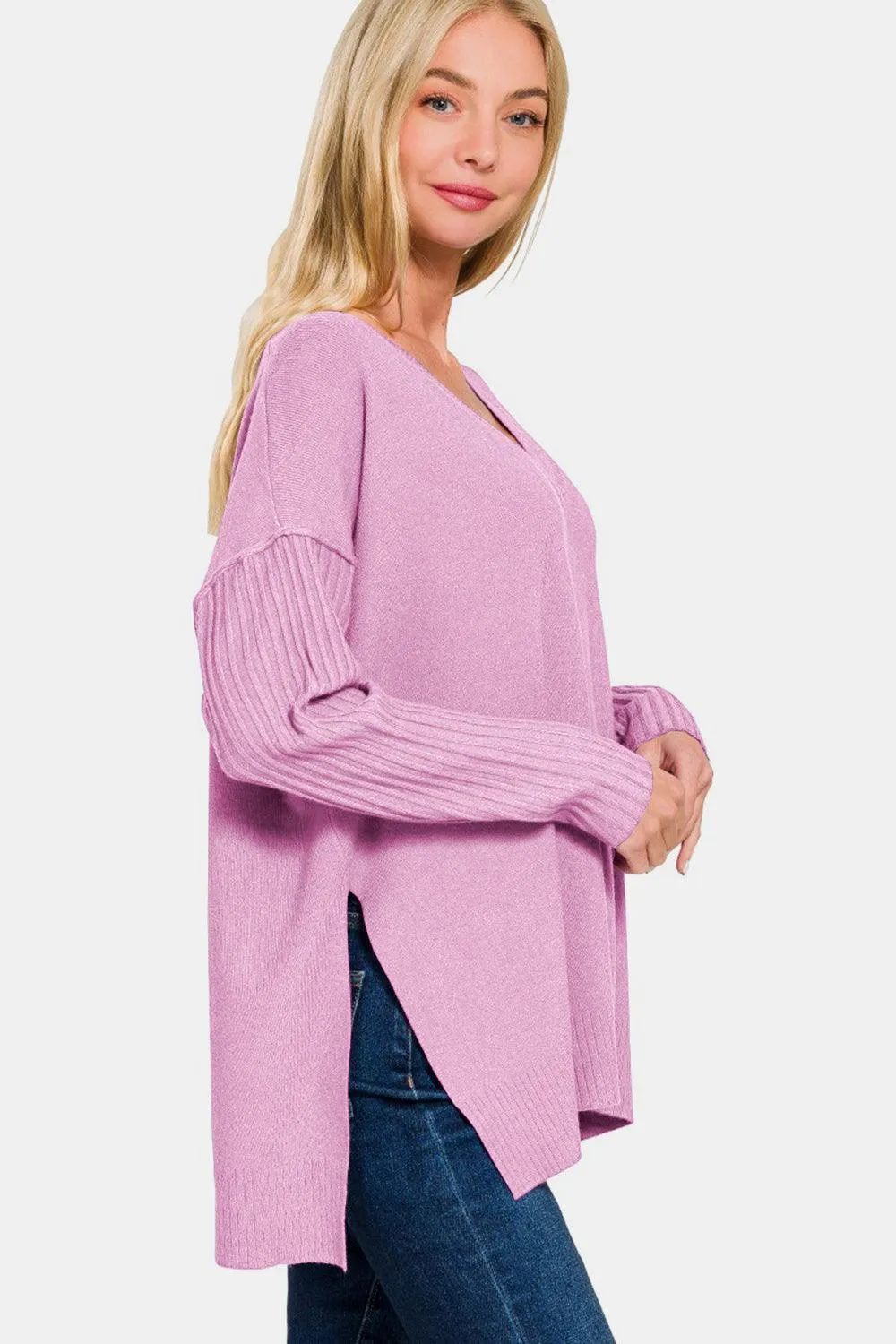 Zenana Sweater V-Neck Side Slit High-Low Loose Knitwear Long Sleeve