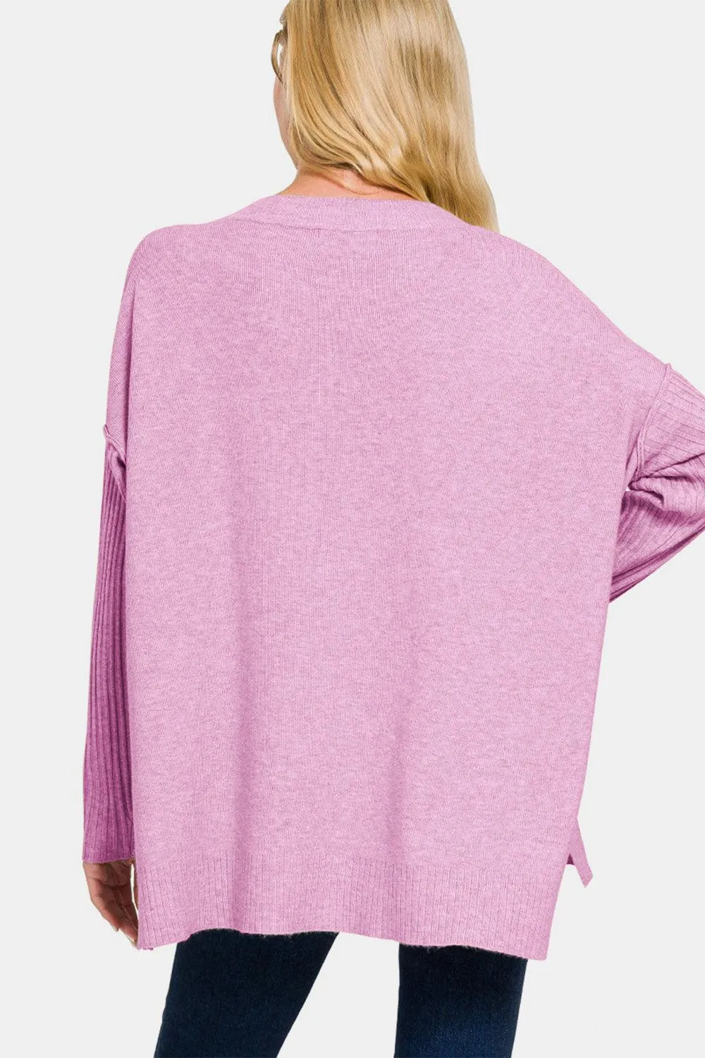 Zenana Sweater V-Neck Side Slit High-Low Loose Knitwear Long Sleeve