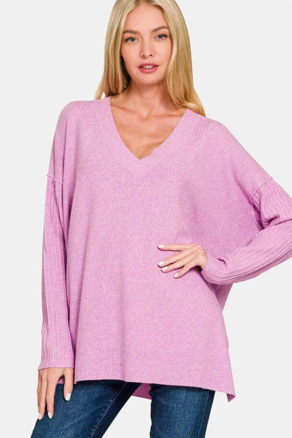 Zenana Sweater V-Neck Side Slit High-Low Loose Knitwear Long Sleeve